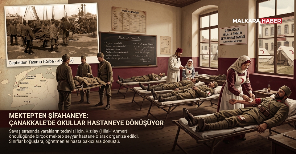 Çanakkale Savaşları sırasında yaralıların tedavisi için birçok okul hastaneye çevrilmiş