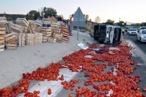 Malkara'da kamyonet devrildi, domatesler yola saçıldı