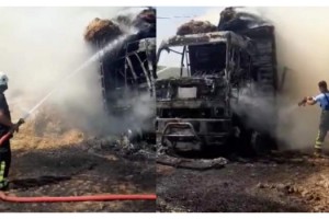 Balya yüklü kamyon yandı