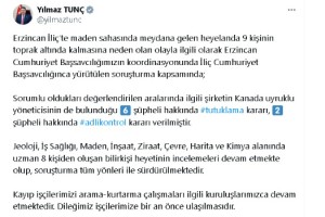 Bakan Tunç: Erzincan İliç'teki heyelanda 6 şüpheli hakkında tutuklama kararı verilmiştir
