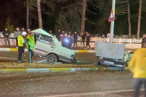 Aydınlatma direğine çarpıp ikiye bölünen otomobildeki 2 kişi ağır yaralandı