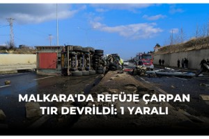 Refüje çarpan TIR devrildi; 1 yaralı
