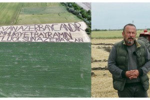 Azerbaycan'ın bağımsızlık gününü tarlasına yazdığı yazıyla kutladı