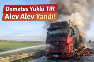 Edirne’de domates yüklü TIR alev alev yandı