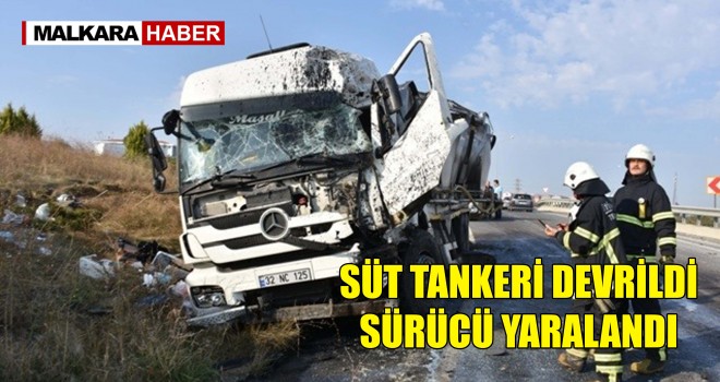 Virajı Alamayan Süt Tankeri Devrildi; 1 Yaralı